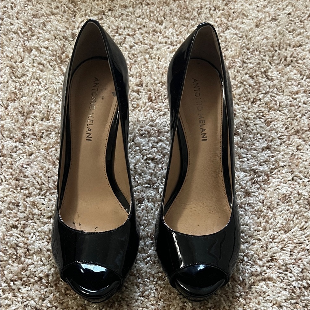ANTONIO MELANI Glossy Black Peep Toe Heels